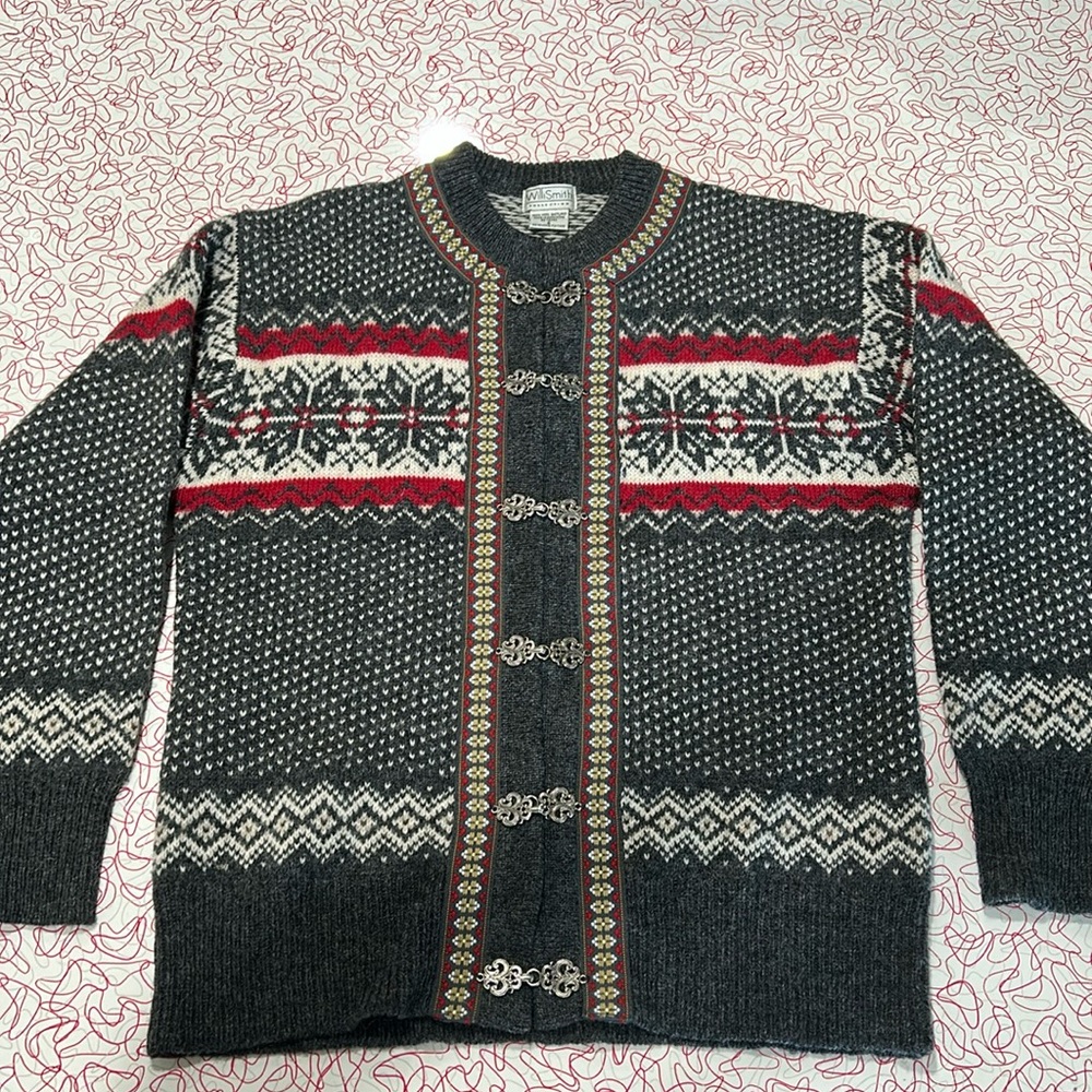 VINTAGE 80's SHETLAND WOOL DARK GRAY-RED FAIR ISLE STYLE CARDIGAN, SMALL